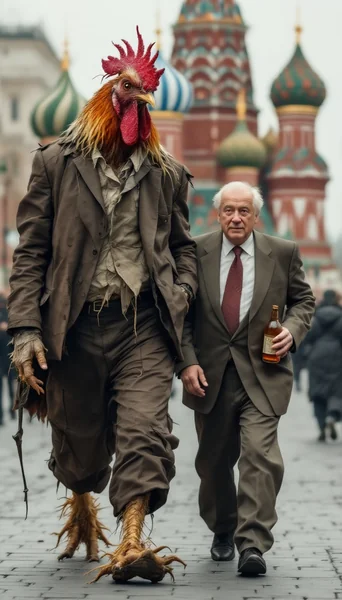 Giant Rooster and Man on Red Square