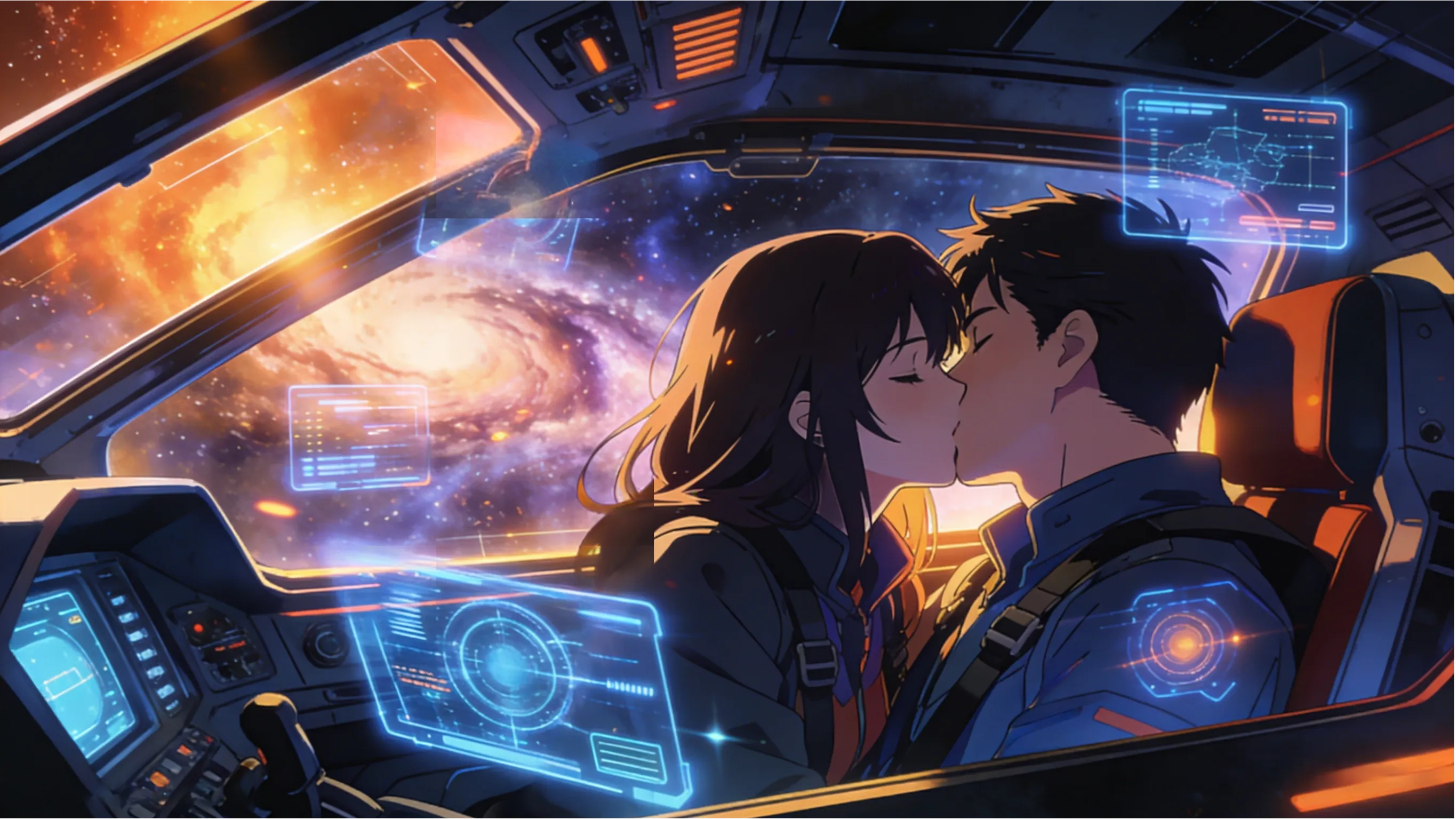 Sci-fi Anime Art, Lovers Kissing Inside A Cockpit Of A...