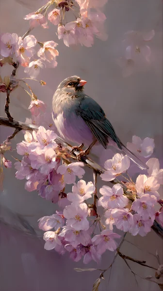 Painterly Nature Scene: Jay on Cherry Blossom Branch