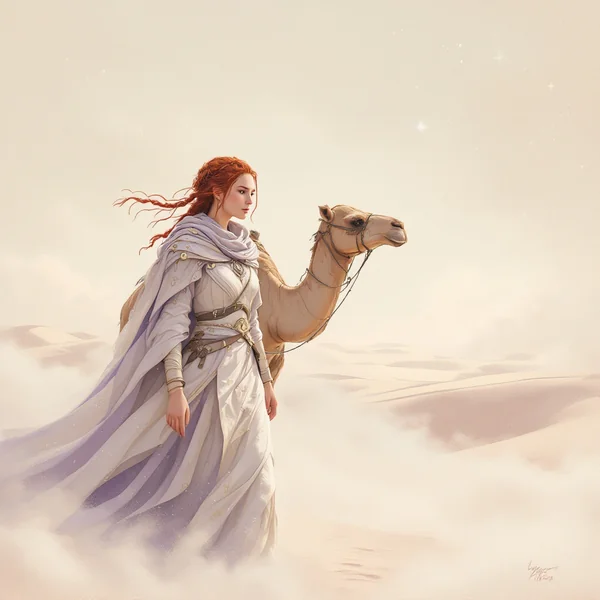 Dreamlike Warrior Woman in Pastel Desert