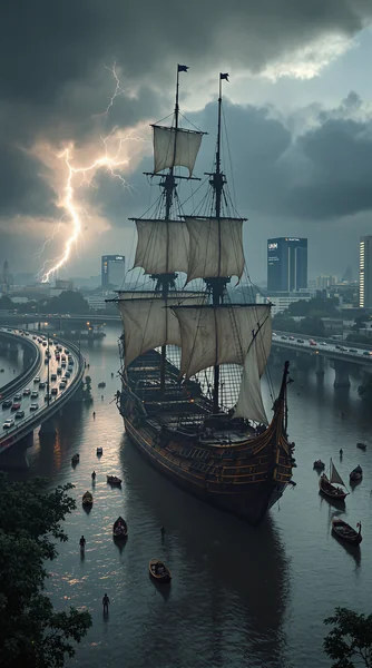 Pirate Ship on Flooded Highway