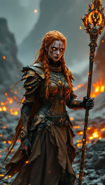 Cinematic Digital Art: Female Elemental Guardian in Ashes