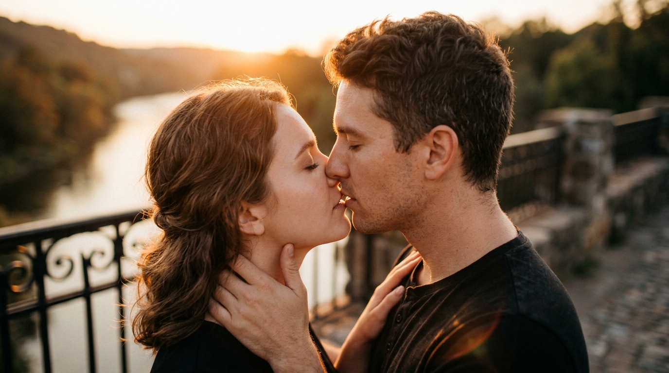 Close-up Of A Tender Kiss, Side Profile, Soft Sunset...