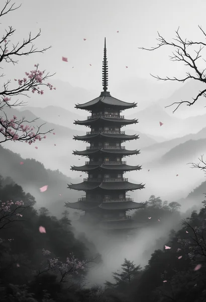 Monochrome Japanese Pagoda in Foggy Valley: Ink - Wash Aesthetic