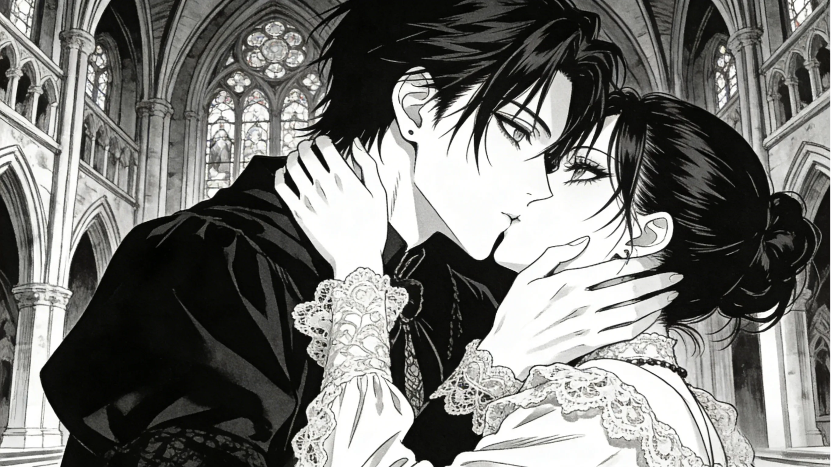 Gothic Manga Art, A Dark Romantic Kiss In A Cathedral,...