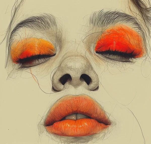 Bold Red Eyeshadow Line Art Portrait
