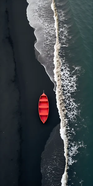Red Boat on Volcanic Beach