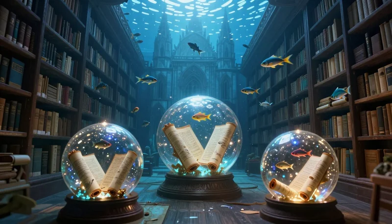 Enchanting Underwater Library: Ancient Scrolls & Luminescent