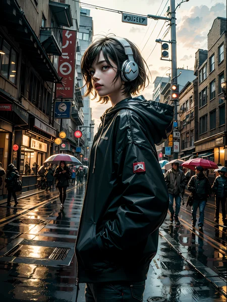 Neon Rain Street Girl AI Art