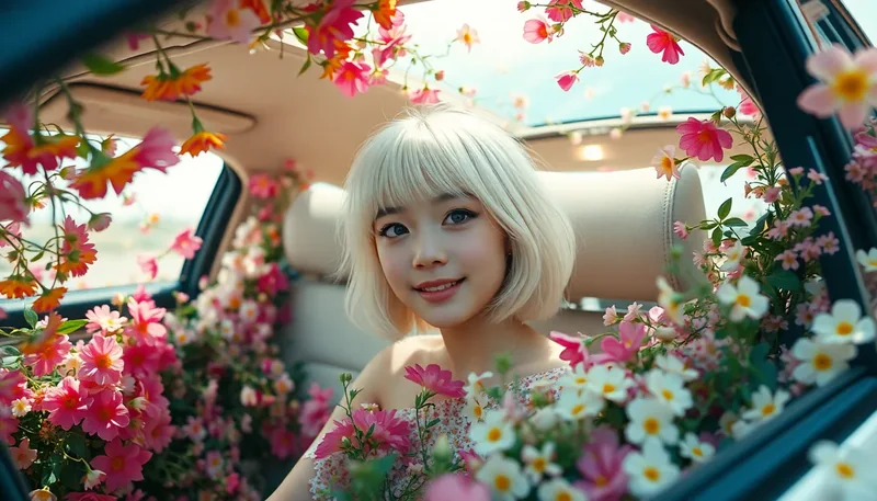 Flowery Car Ride: Youthful Girl, Lo-Fi Analog Film Aesthetic
