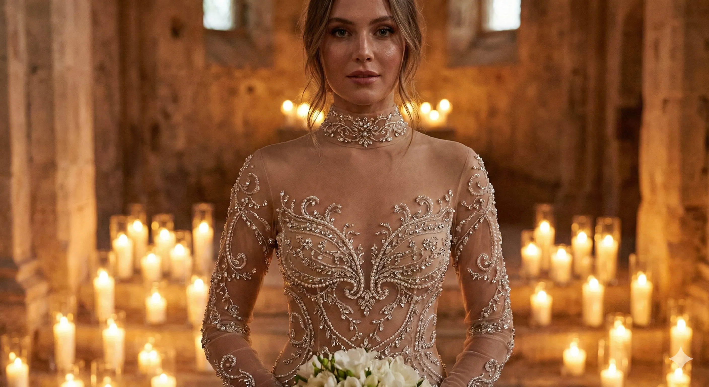 A Stunning Bride Wearing An Intricate Sheer Nude Mesh...