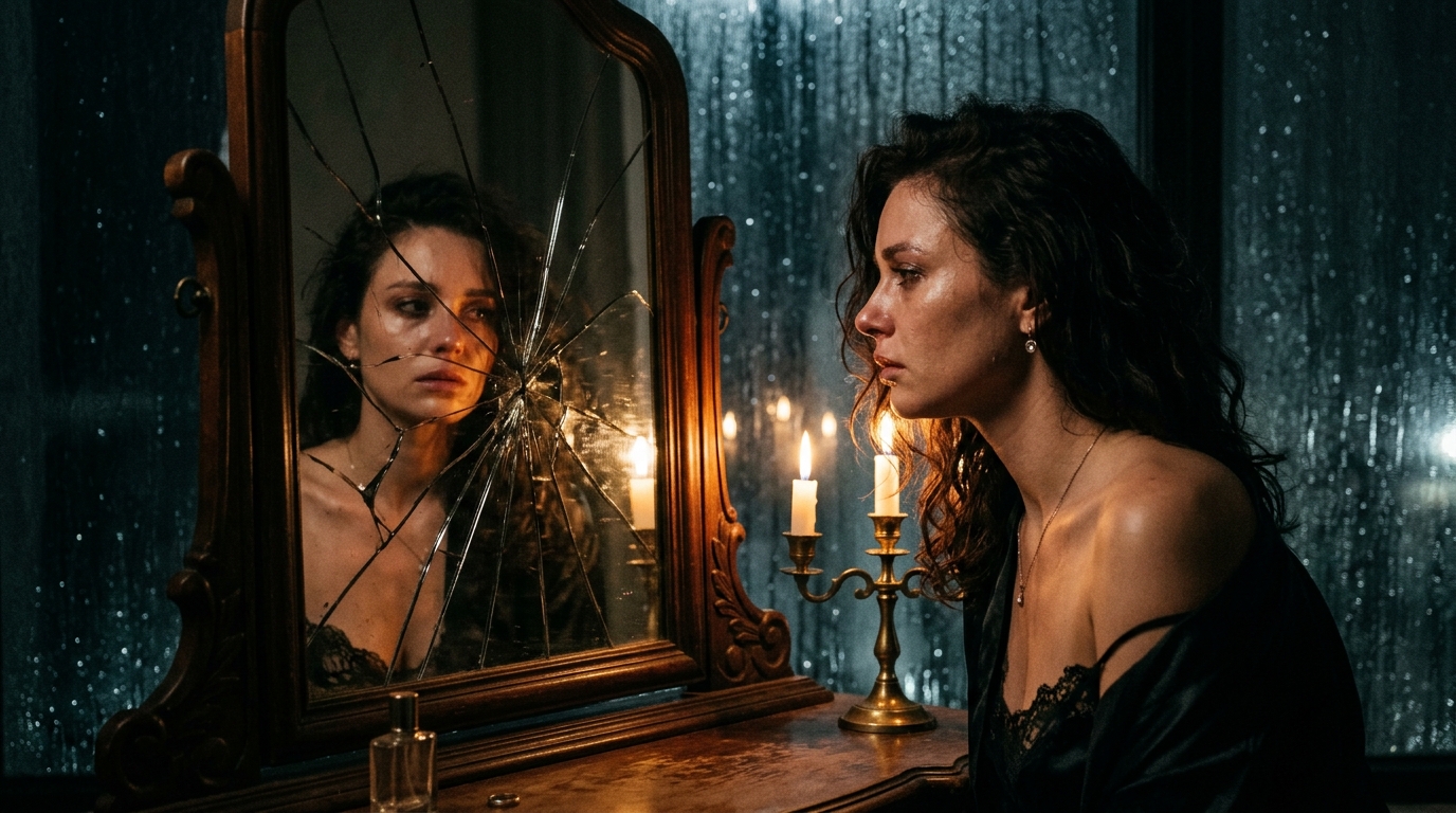 Cinematic Shot, A Glamorous Woman Looking Into A...