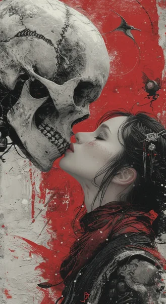 Gothic Woman Kissing Skull Art