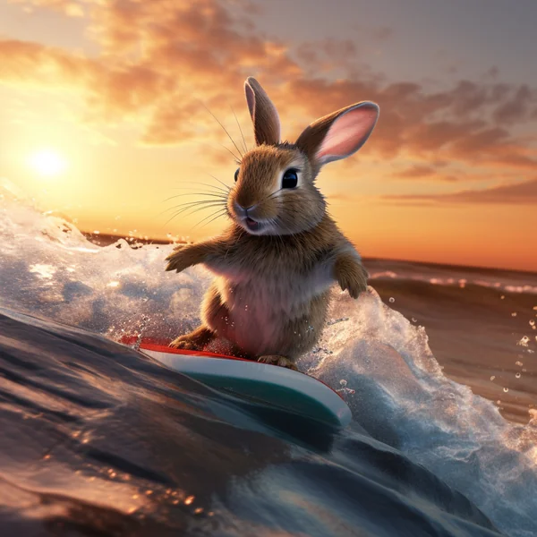Baby Bunny Surfing Cinematic Sunset
