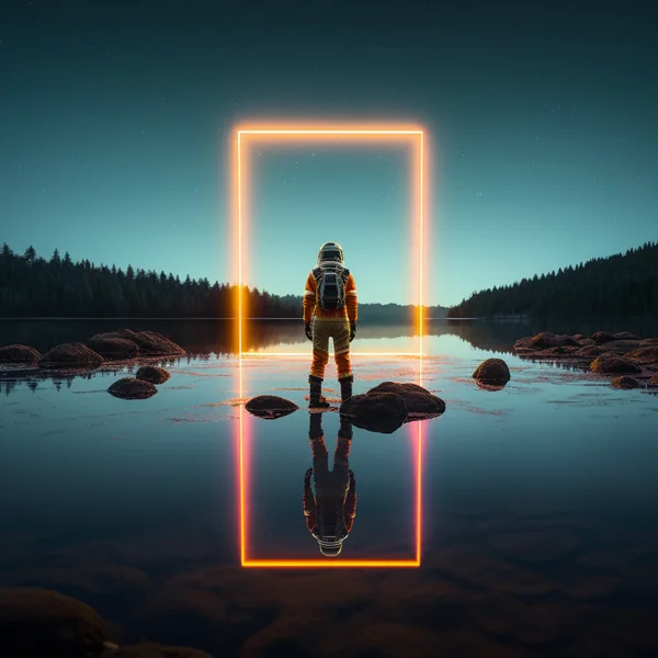Astronaut by Neon Lake Night Scene