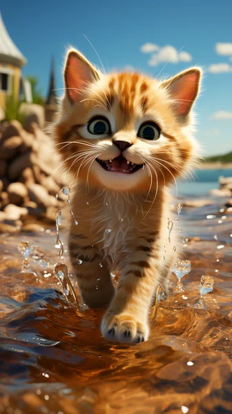 Pixar Style Cat Exploring Beach