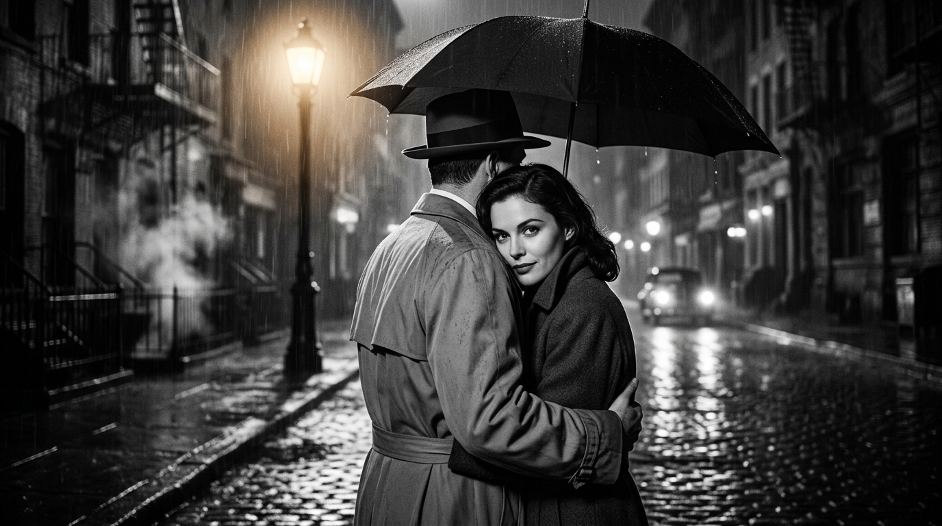 An Intimate Embrace Under A Black Umbrella At Night,...