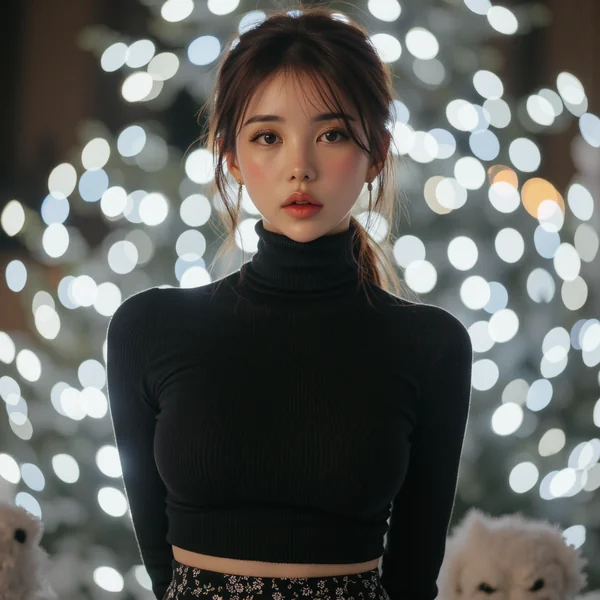 Photorealistic Portrait of Young East Asian Woman in Festive Outdoor Setting