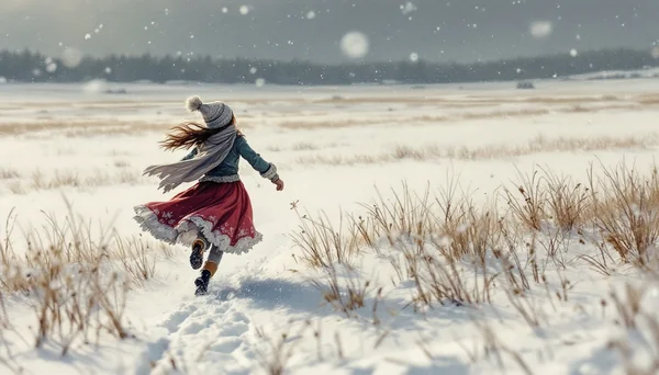 Girl Enjoying Snow with Bandura: A Wintery Scene