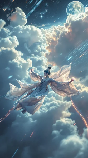 Flying Hanfu Beauty Cinematic Scene