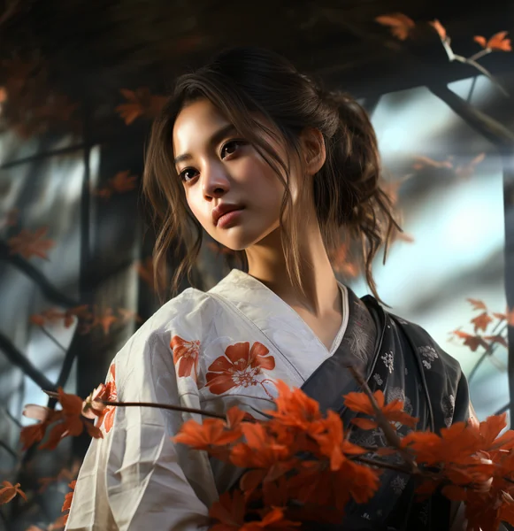 Asian Woman in Kimono Forest Scene