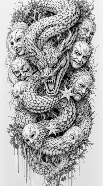 Snake and Japanese Mask Pencil Art