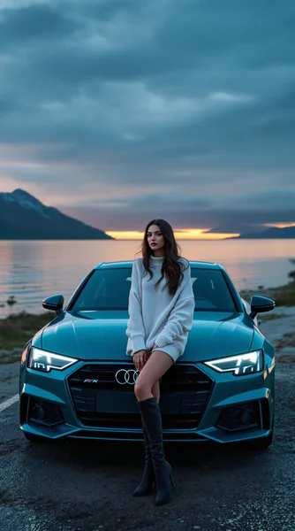 Woman by Audi at Sunset Lake
