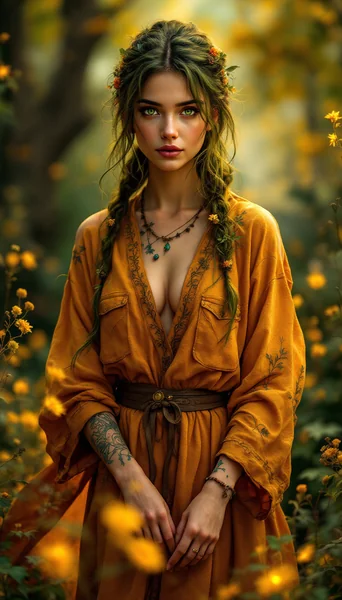 Ultra - Realistic Action: Ochre Herbalist in Natural Realm