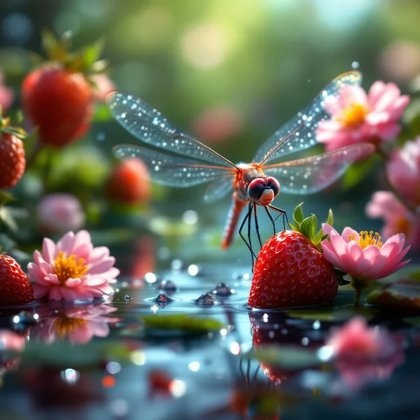 Dragonfly on Strawberry Macro Art