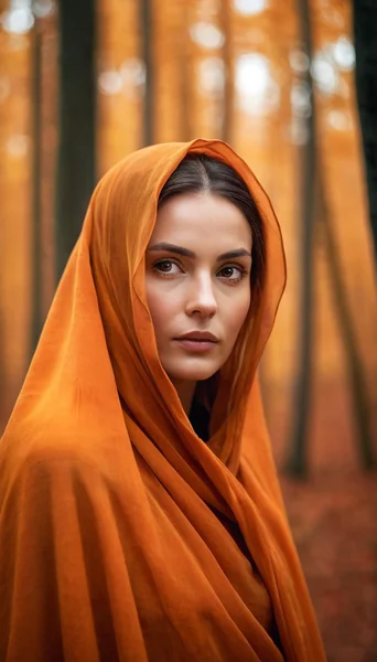 Mysterious Woman in Autumn Forest