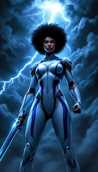Afro‑Haired Superhero Lightning Scene