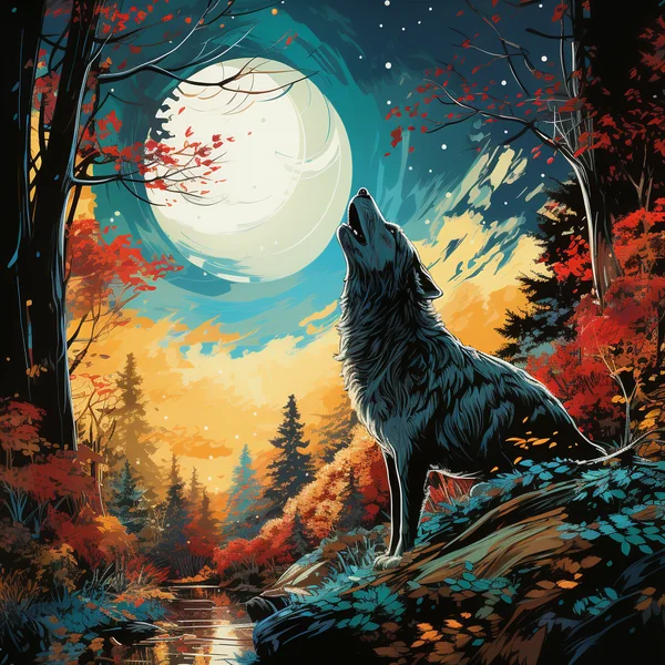Wolf Howling Under Moon Fantasy Art