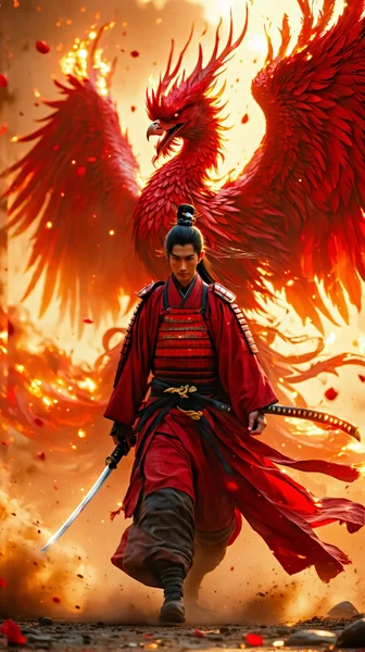 Japanese Samurai and Phoenix: Epic Hyper - realistic Portrait