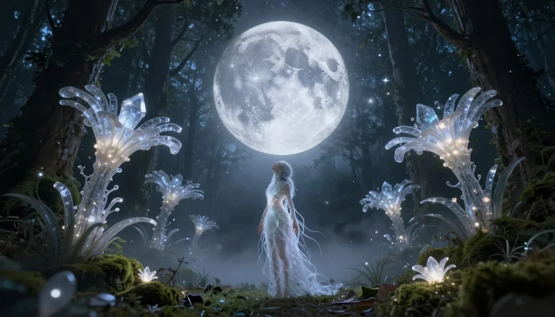 Ethereal Forest Spirit & Crystal Moon Fantasy Art