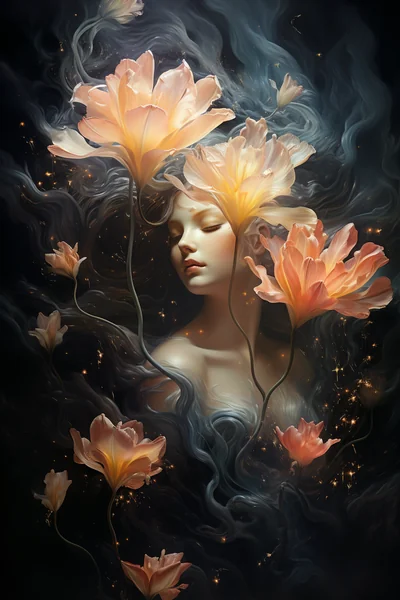 Woman with Tulips Cosmic Surrealism