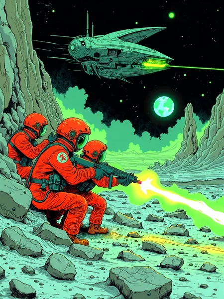 Dark Comic - Style Illustration of Astronauts Under Alien Attack on Moon