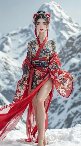 Tattooed Kimono Woman in Snow