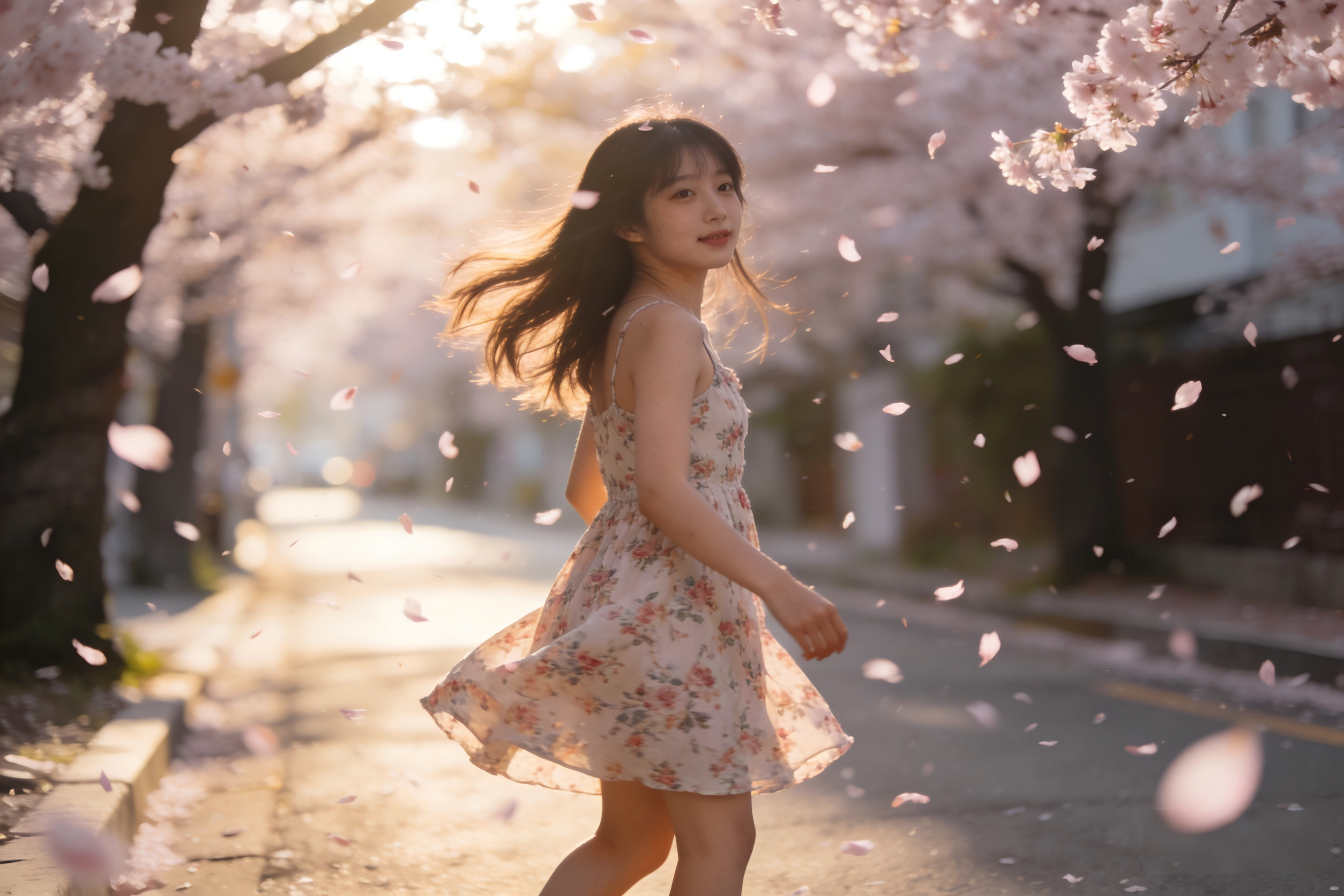 Korean Girl Walking On A Street Lined With Cherry...