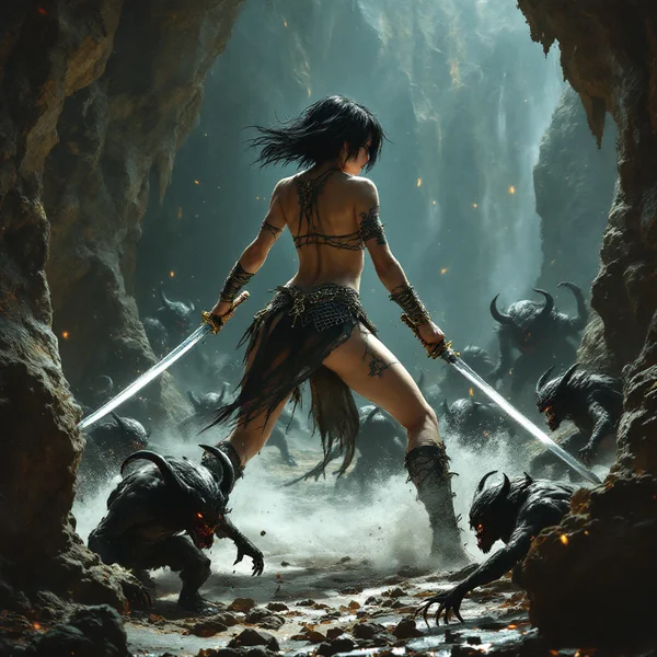 Dual Katana Female Warrior Scene