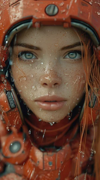 Girl in Red Robot Suit Rain Scene