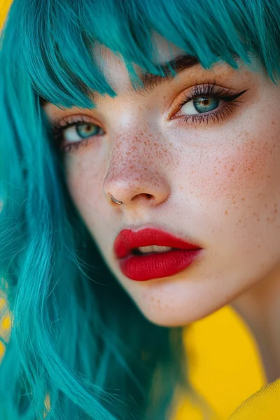 Blue Hair Woman Close-Up Portrait