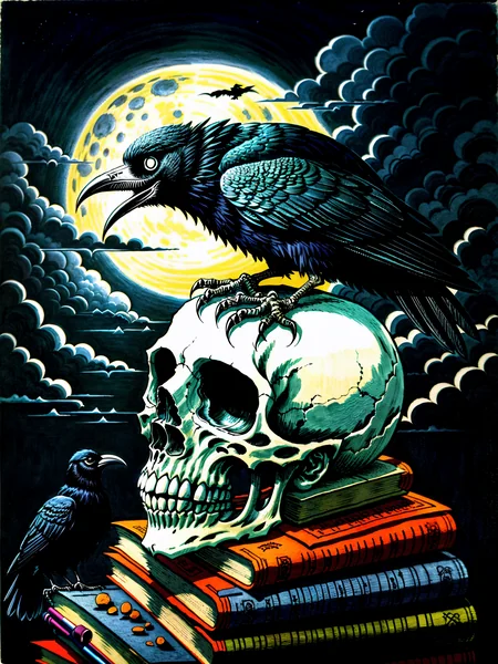 Gothic Raven and Skull Illustration