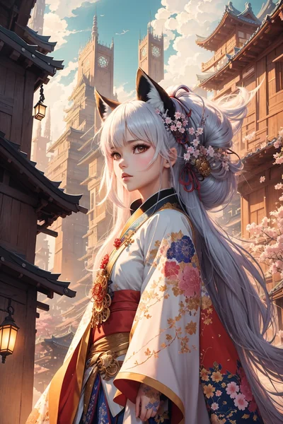 Fox‑Eared Kimono Girl Fantasy City