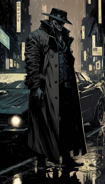 Noir Man in Rainy Street Scene