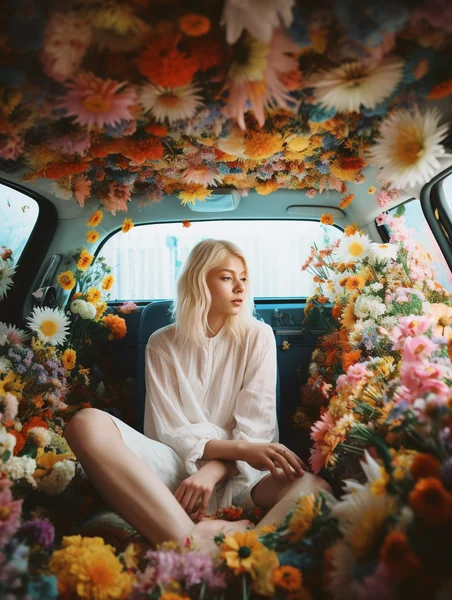 Girl in Flower-Filled Car Dreamscape