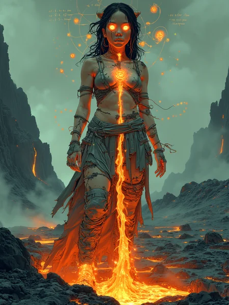 Hyperrealistic Depiction of Fiery - Eyed Woman in Volcanic Landscape