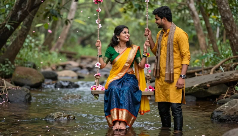 Romantic Indian Couple Forest Stream Love Moment