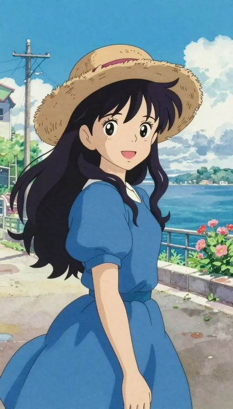 Anime Girl Coastal Street Watercolor Art - Sunny Day