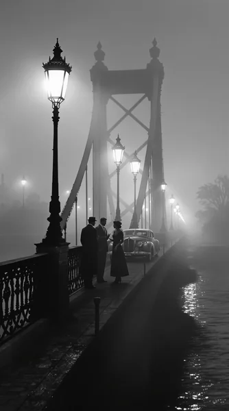 Cinematic Noir Scene: Vintage Bridge in Fog with Silhouettes