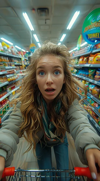Woman Racing Through Supermarket Chaos